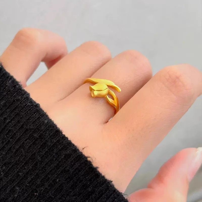 Nhẫn Vàng Miệng Sống 24K Hình Hoa Tulip, Vàng Nguyên Chất, Phong Cách Sang Trọng