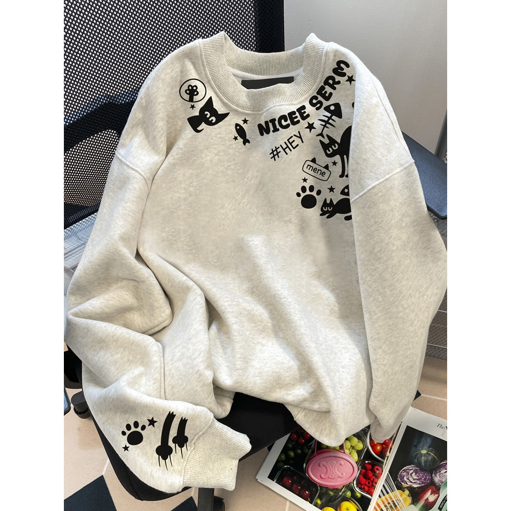 áo sweater nữ mèo cute màu xám nhạt unisex - Dáng rộng thoải mái 320gsm local brand - RTOML