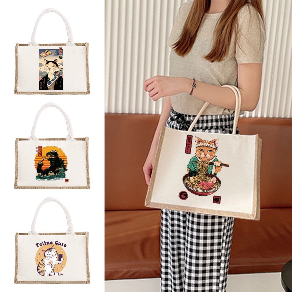 Japan Cat Print Burlap Tote Bags Personalized Bridal Party Gifts Sundries Storage Bag Canvas Jute To