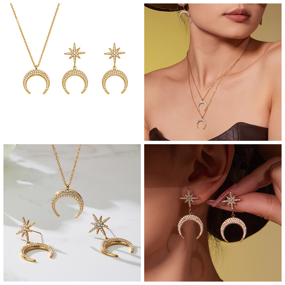 Full Zirconium Crescent Pendant Clavicle Chain Eight Awn Star Earrings Plated 18K Real Gold Simple V