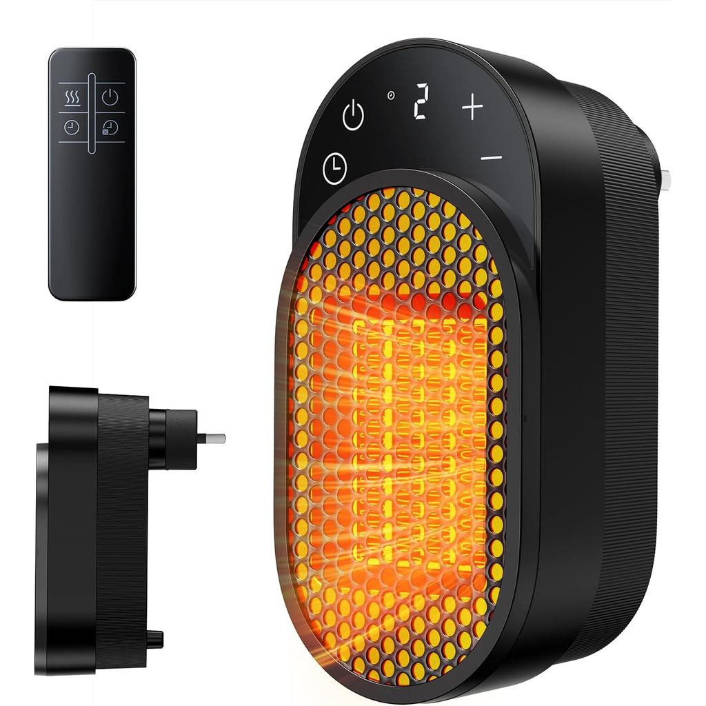 Máy sưởi không gian ổ cắm tường, Máy sưởi điện cắm 450W với các chế độ có thể điều chỉnh & Hẹn giờ 1