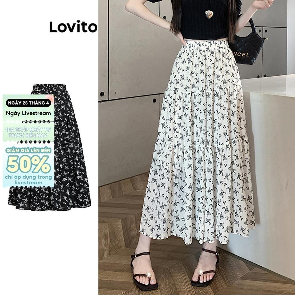 Chân váy Lovito xòe dài họa tiết hoa nhí thường ngày cho nữ LNE17088 (màu trắng)