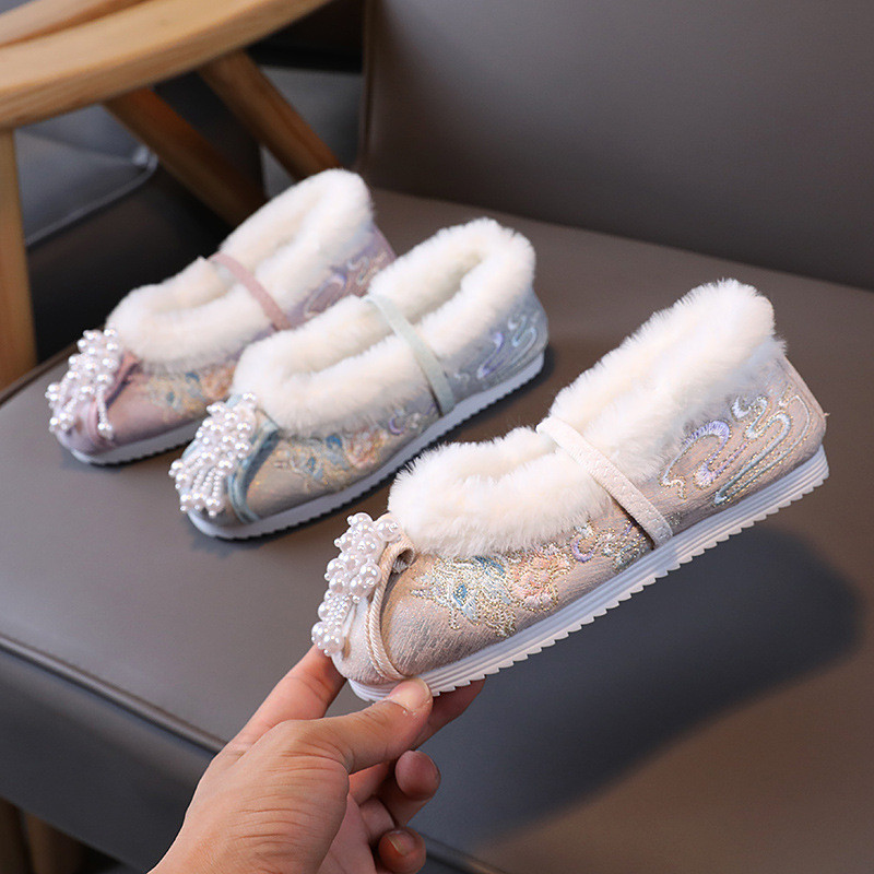 Ngôi Sao Kỳ Lân Mùa Đông Lông Cừu Hanfu Giày Bé Gái Dân Tộc Trang Phục Cotton Trẻ Em Thêu Giày Cũ Bắ