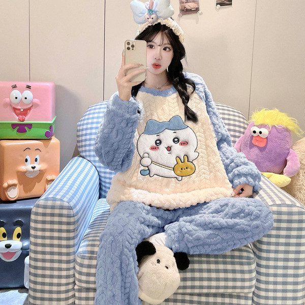 winter pajamas nightgowns Bộ Đồ Ngủ Jacquard Lông Cừu Cho Bé Gái Thu Đông Mới, Họa Tiết Hoạt Hình Ấm