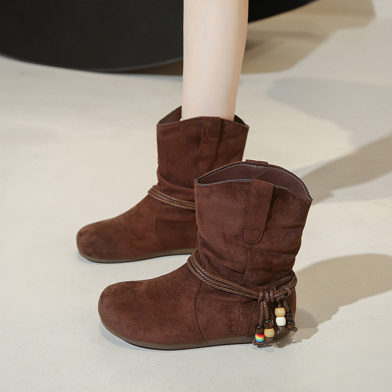 Giày Nữ Yongge 9307 Giày Bốt Ngắn Phong Cách Bohemian Xếp Ly Đính Hạt Phương Tây