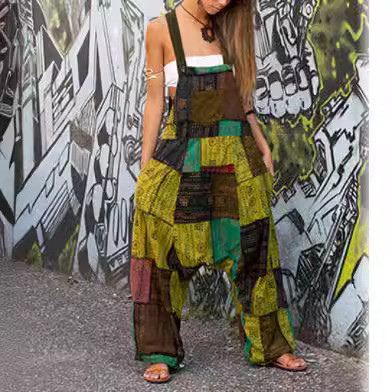 Jumpsuit nữ năm 2024 style hippie dân tộc, in họa tiết, không tay