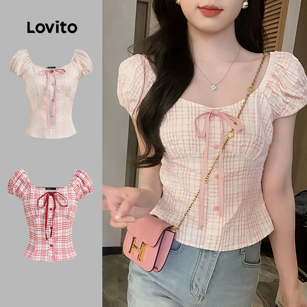 Áo kiểu nữ Lovito hồng xuân hè nơ Gingham phong cách thường ngày L136AD105 | BigBuy360 - bigbuy360.vn