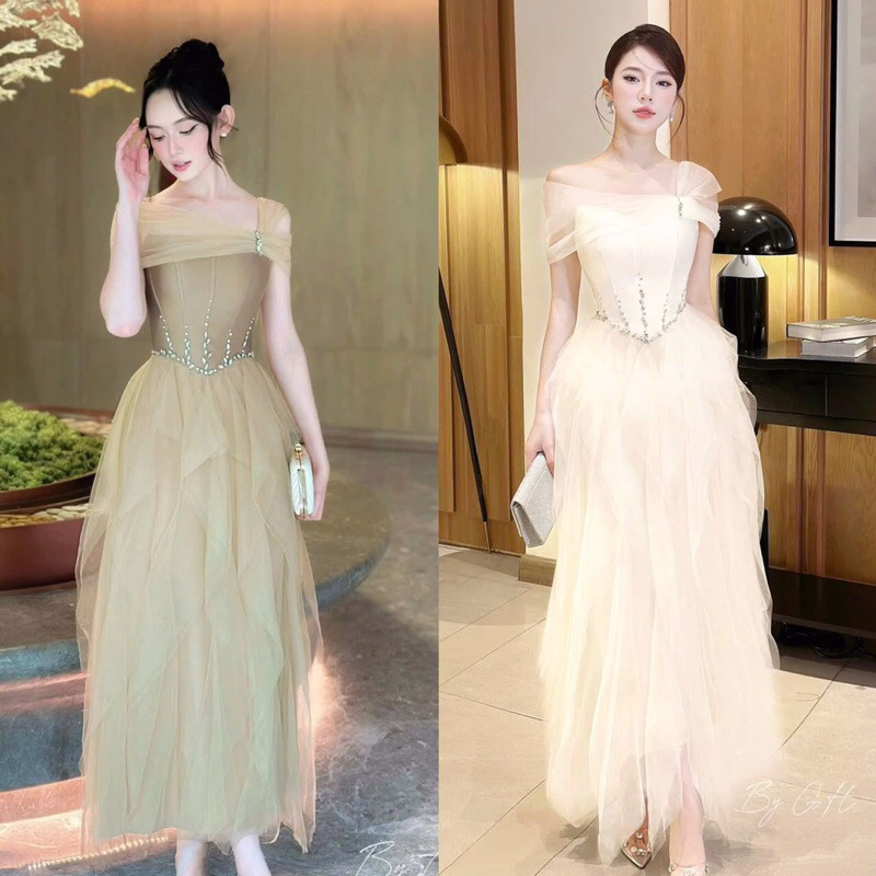 ĐẦM TAFTA CÚP TÙNG PHỐI LƯỚI TRỄ VAI XOÈ BYJOLIE