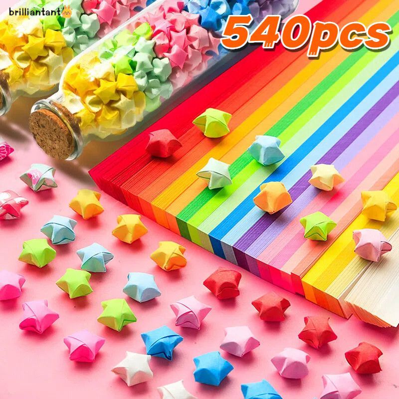 540 tờ Origami Stars Paper Strips Folding Paper Colorful Two-sided Lucky Star Origami Kids DIY Hand 