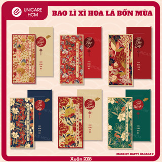  Set bao lì xì xuân Bính Ngọ 2026 hoa lá phú quý 12 cái giấy C150 cán màng cao cấp 