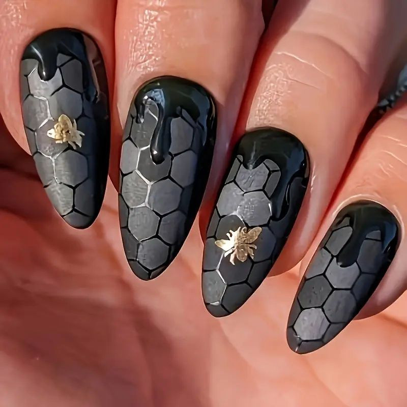 Almond Press On Nails, Black Bee & Beehive Móng Tay Giả Phong Cách Fascin Nails - Vừa 24 chiếc