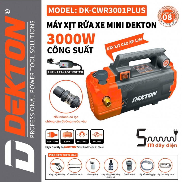 Máy Rửa Xe Chỉnh Áp DEKTON DK-CWR3001PLUS 3000W - Có Công Tắc Chống Giật - Phiên Bản Nâng Cấp