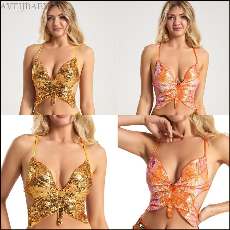 Ao Croptop Nữ Kim Sa Lấp Lánh Thiết Kế Bướm Không Tay