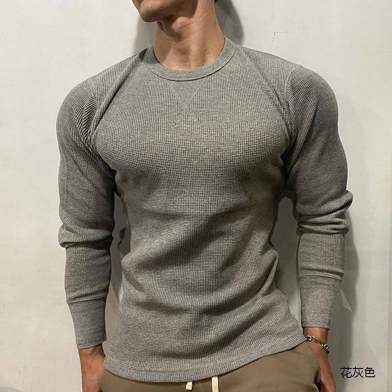 Solid Color Waffle Casual Slim Fit round Neck Long Sleeves T-shirt Men's Spring and Autumn Sports Fi