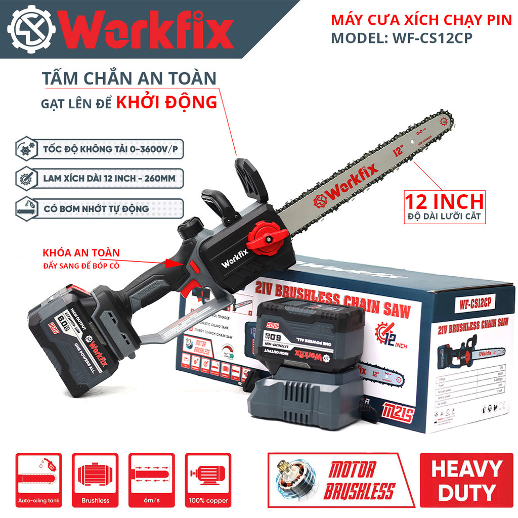 Máy Cưa Xích 12 Inch WORKFIX WF-CS12CP, Tra nhớt tự động, Chân pin phổ thông
