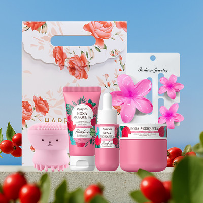 Phát sáng & Hydrate! Bộ Quà Tặng Chăm Sóc Da 3 Bước QUIYUM Rosehip - Sữa Rửa Mặt, Serum, Kem Dưỡng Ẩm Với Bàn Chải Bạch Tuộc Dễ Thương & Túi Quà Tặng