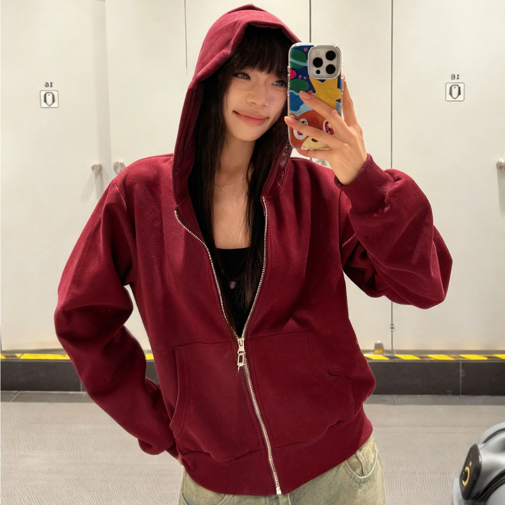 áo khoác mùa đông nữ màu đỏ áo khoác hoodie zip âu mỹ girl phố y2k local brand Salute | BigBuy360 - bigbuy360.vn