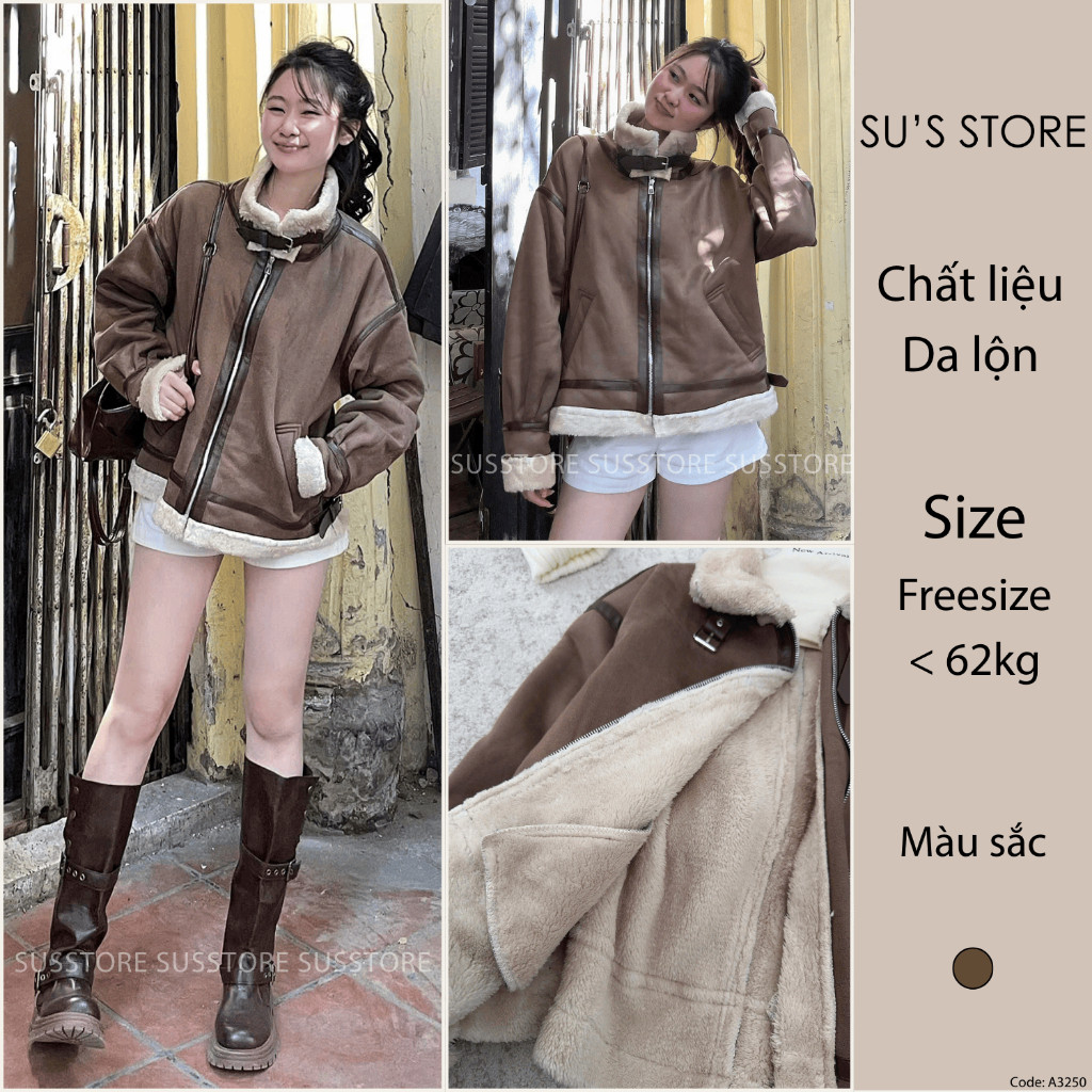 Áo Khoác Da Lộn Lót Lông Viền Da Đai Cổ #1112 SUSSTORE A3250