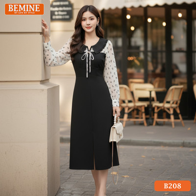 Đầm thiết kế BEMINE cổ viền bèo cách điệu phối tơ dáng chữ A xẻ phù hợp đi làm-B208