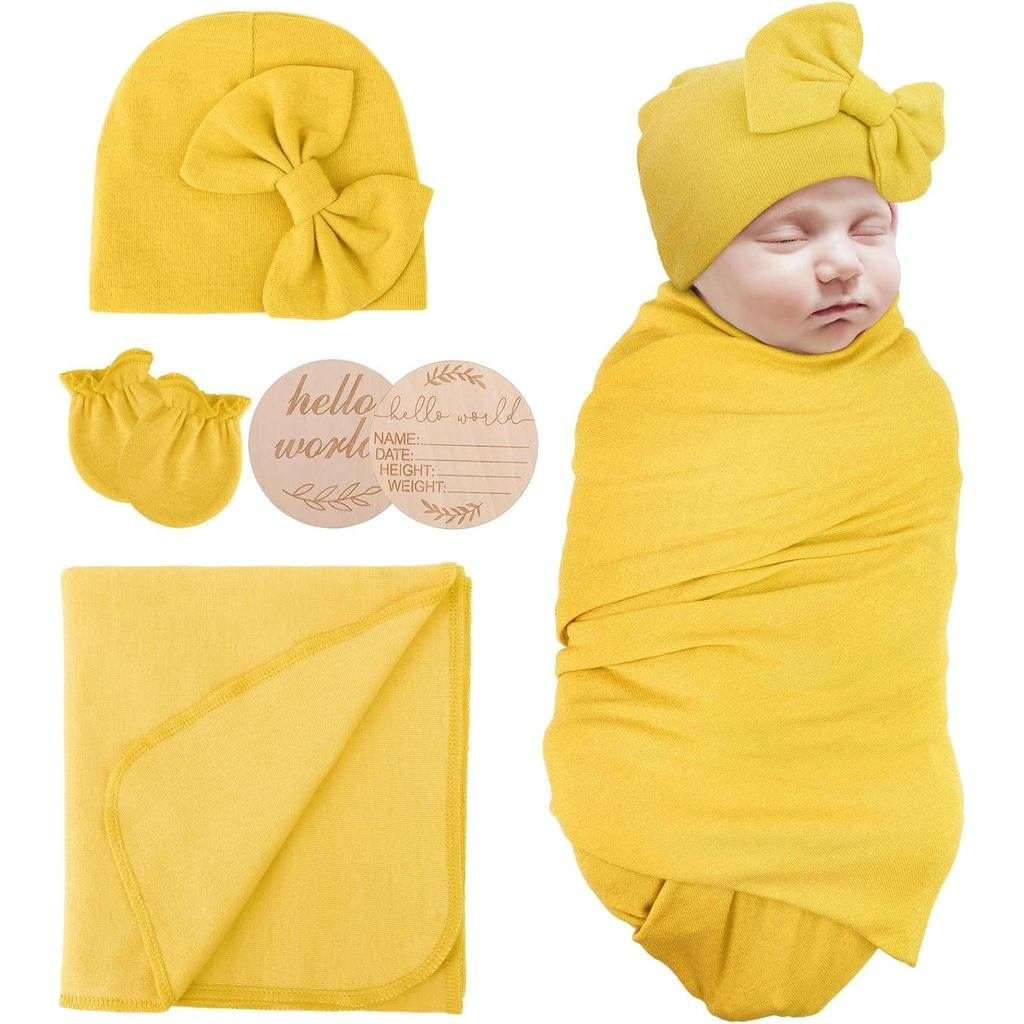 Sơ Sinh Nhận Chăn Có Mũ Nơ Găng Tay Bộ Thẻ Gỗ Trẻ Sơ Sinh Tập Đi Bé Trai Bé Gái Mầm Non Quấn 1E0X