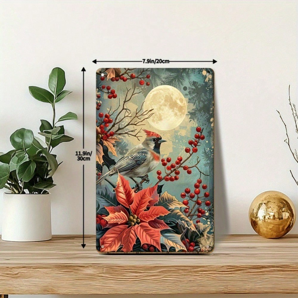 HELLOYOUNG Christmas Cardinal Bird 2D Metal Wall Sign 8x12 Inch - Poinsettia Design Flat Tin Art cho