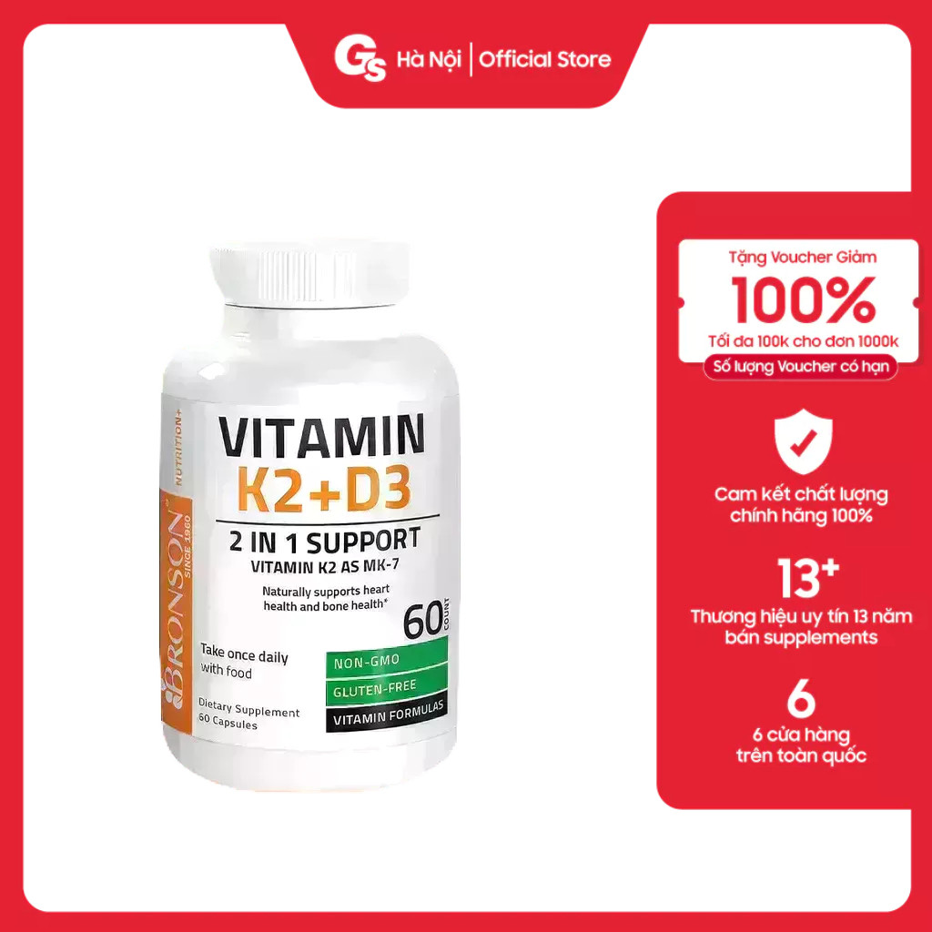 Bảo vệ xương khớp Bronson Vitamin D3 + K2 (5000IU D3 & 120mcg K2) nhập khẩu Mỹ tăng sức đề kháng, hi