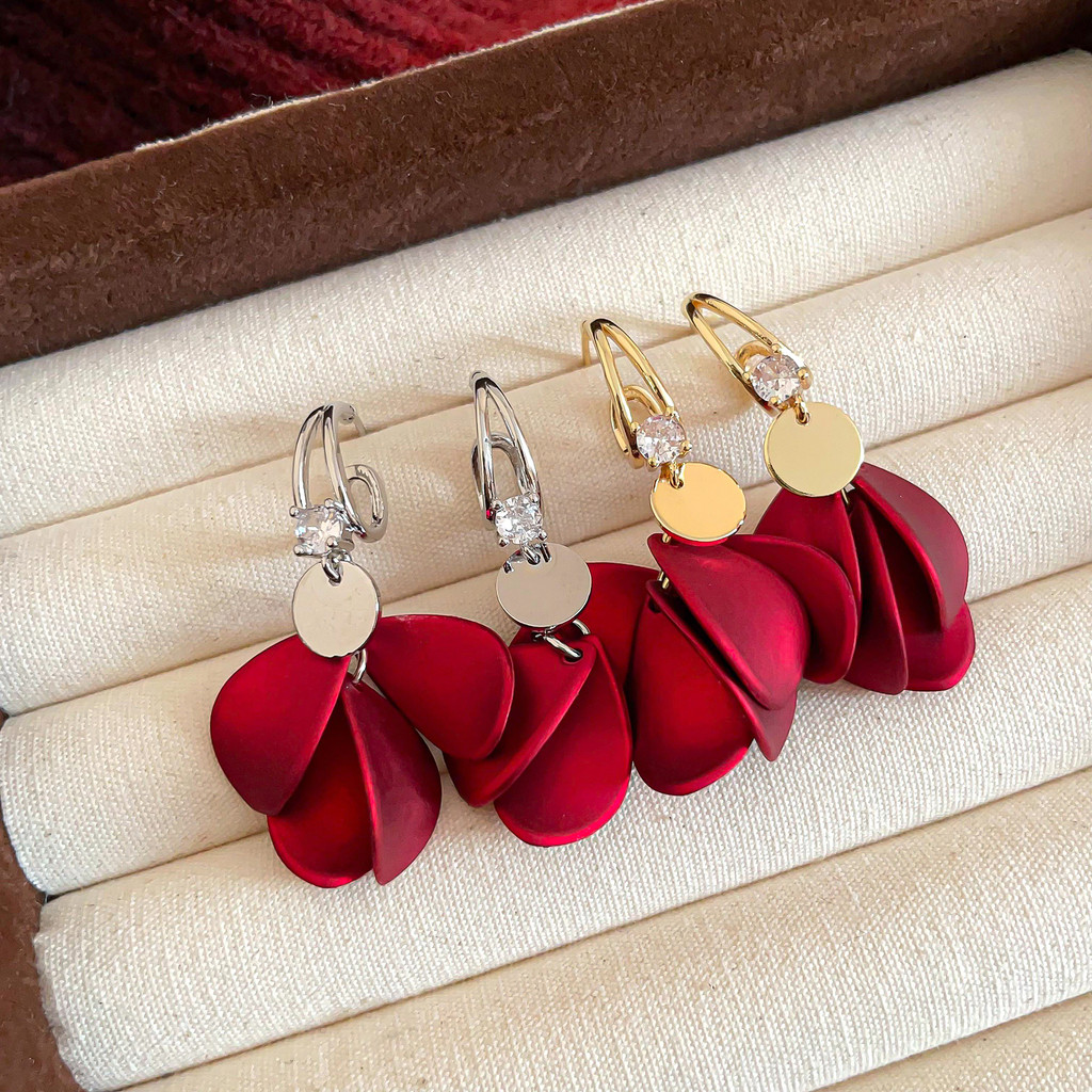 Bông tai cánh hoa đỏ ankara zircon kim bạc dành cho nữ