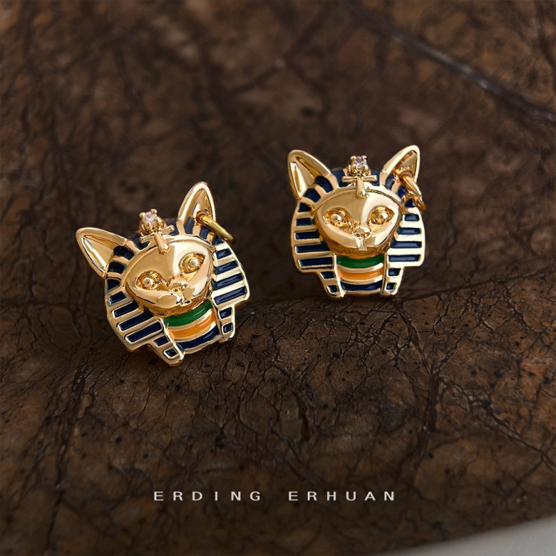 Bông Tai Đầu Mèo Phong Cách Ai Cập Cổ Đại, Bạc 925 Mạ Vàng 14K