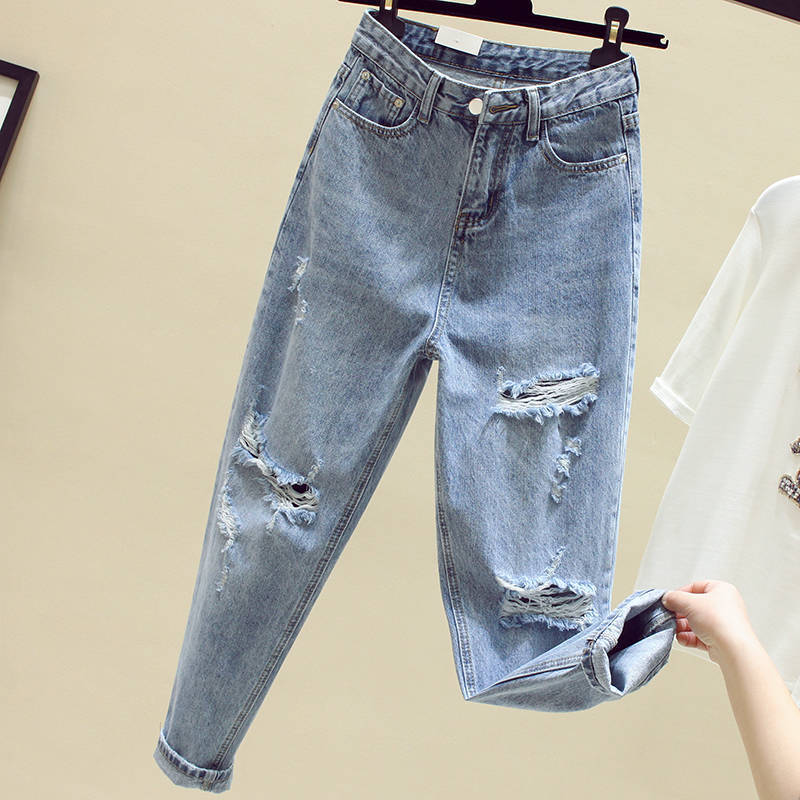【Ready Stock】 Light-Colored Jeans Women's Ripped Loose Straight Pants Spring and Summer New High Wai