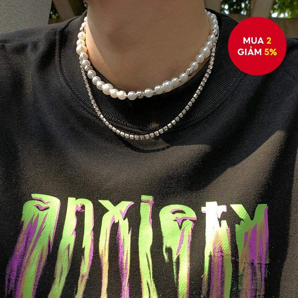 Bộ vòng cổ nam nhiều lớp 2 vòng cổ ngọc trai đính đá Quà tặng hợp thời trang