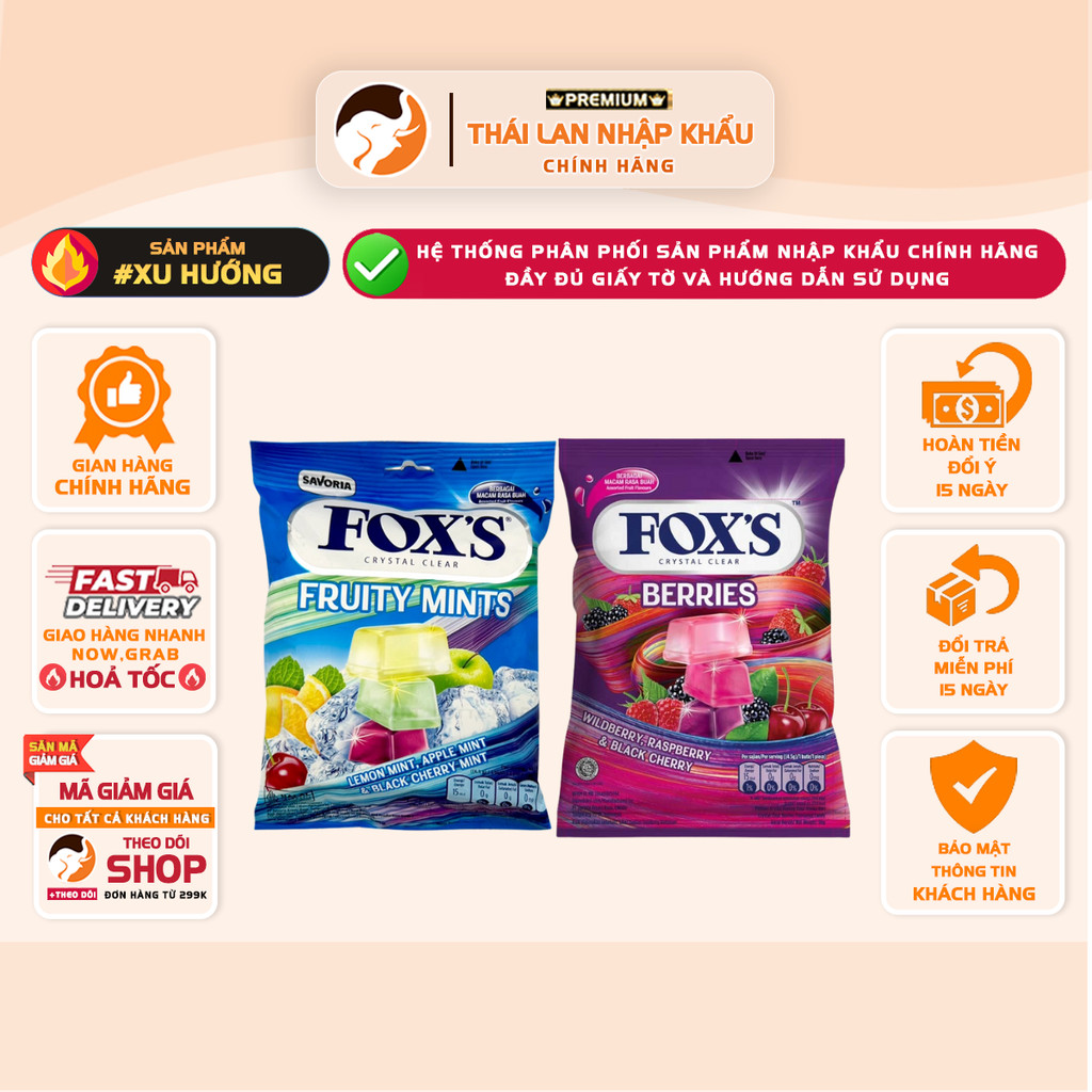 [GÓI 90gr] Kẹo Fox's Crystal Clear 2 Vị Fruity Mints, Berries Candy