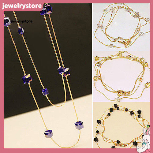 JET Nữ Vuông Kim Cương Giả Hạt 2 Lớp Hợp Kim Vàng Dây Chuyền Áo Len Dài Vòng Cổ