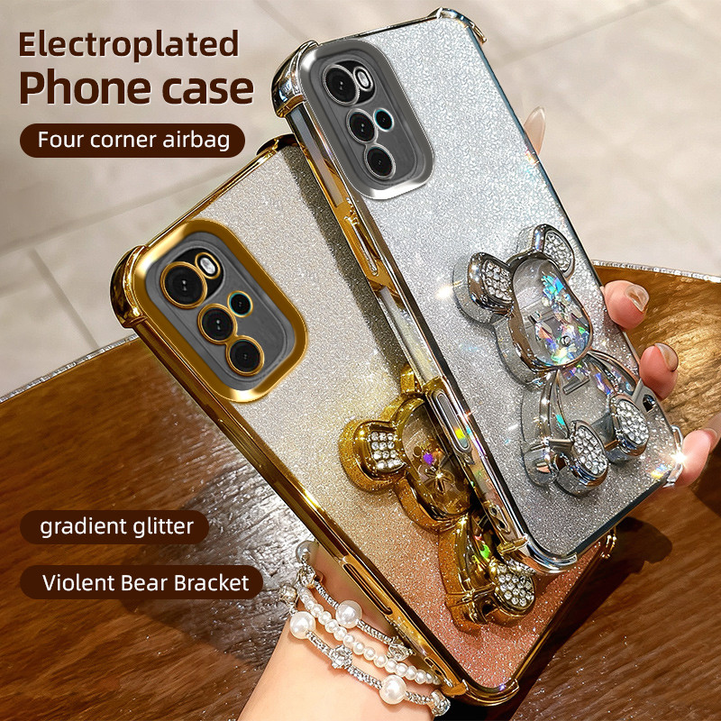 Ốp Lấp Lánh Bling Cho Motorola Moto G22 G14 G52 G34 G5 Edge 50 Fusion Quicksand Bear Stand Bracket P