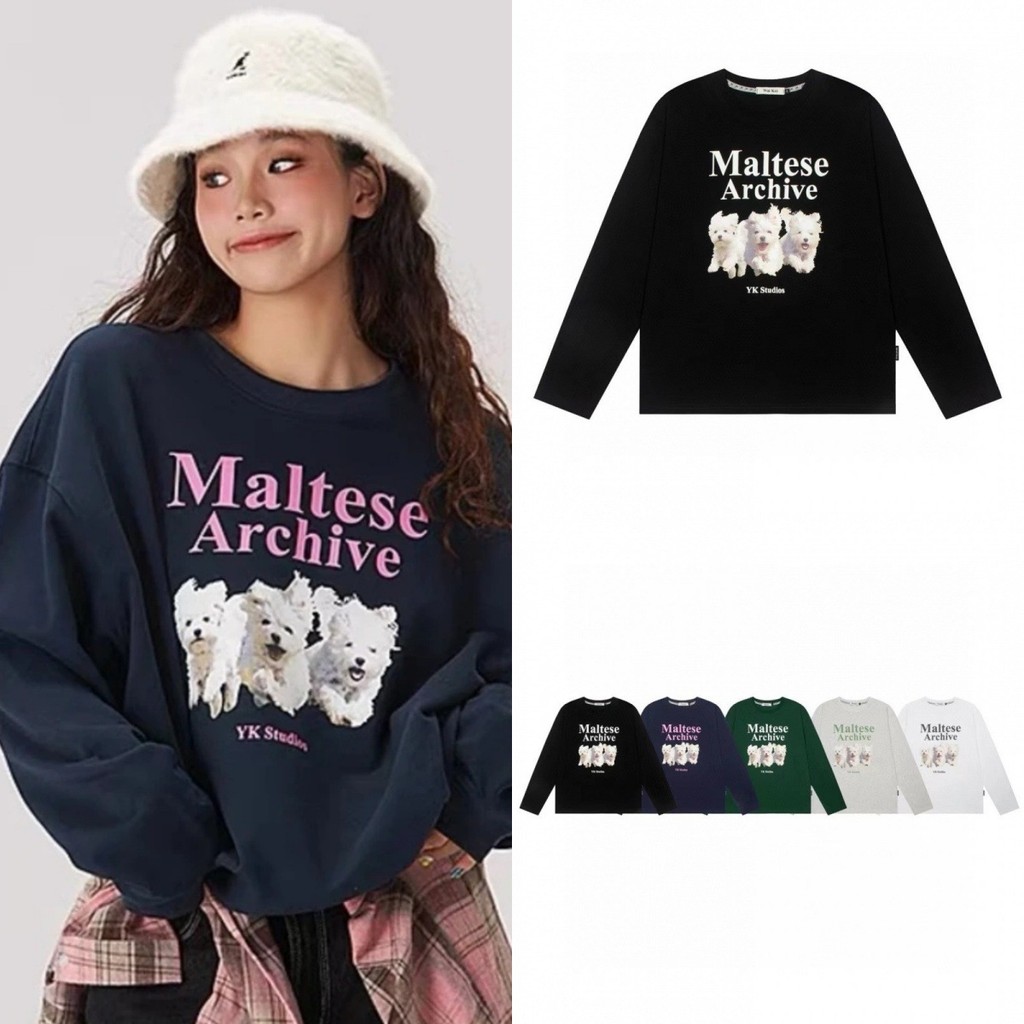 KA9I Three Puppies Letter Color Block Round Neck Long Sleeve Shirt T Shirts for men and women, loose