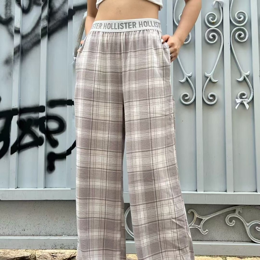 HOLLISTER American Retro Little Seagull Sky Blue Plaid Letter Ribbon Casual Long Pants Pajama Pants 