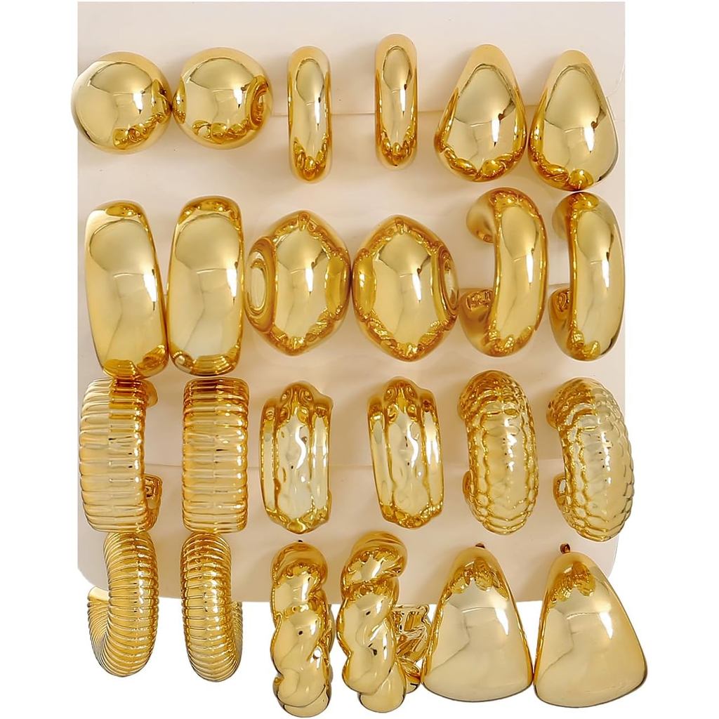 12 Pairs Chunky Gold Hoop Earrings Set for Women Trendy Lightweight Gold Plated Earrings Hypoallerge
