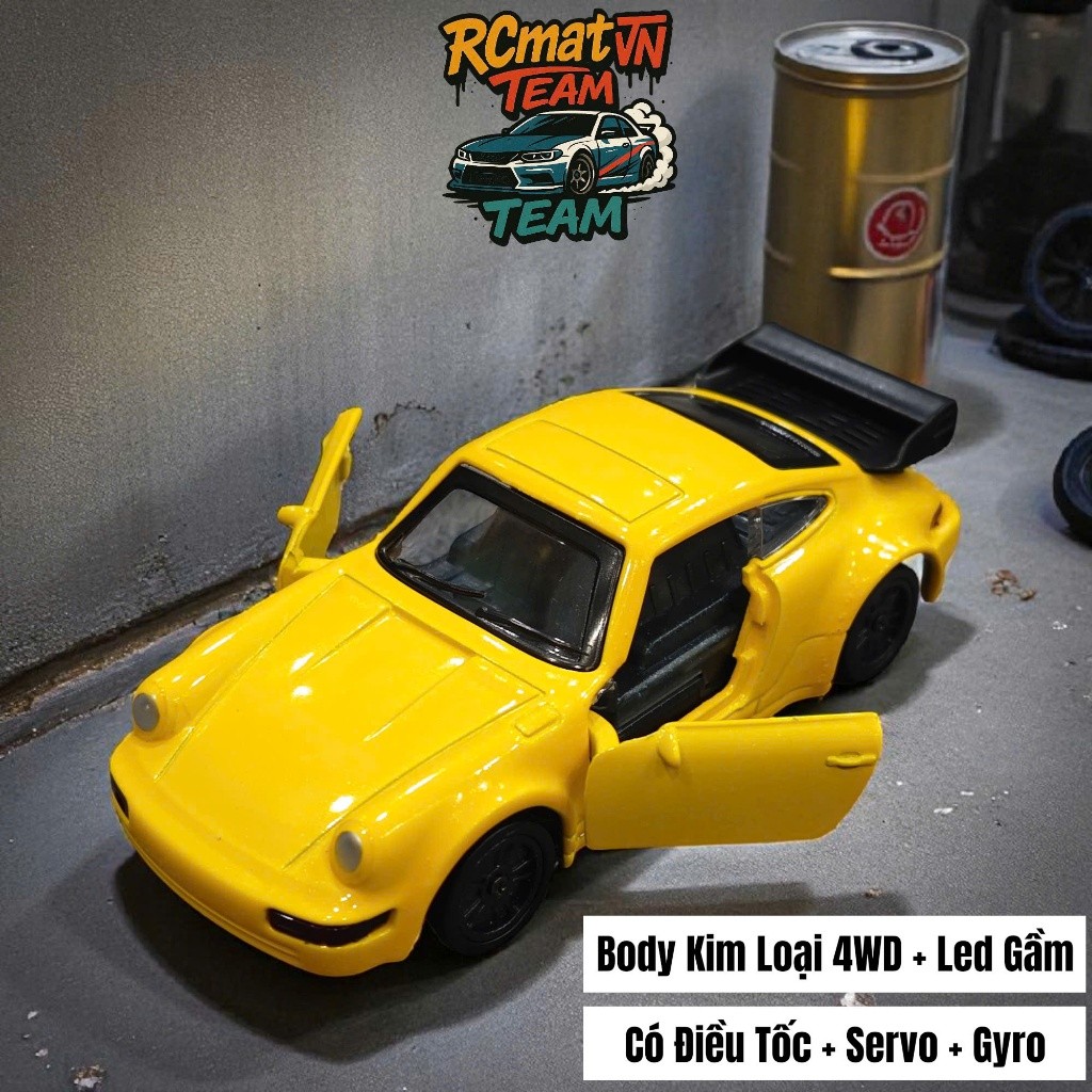 Xe Drift Mini Porche 911 1/43 RC43 – Vỏ Kim Loại, Có Gyro, Mở Cửa, Đèn LED, Full Decal & Phụ Kiện, D