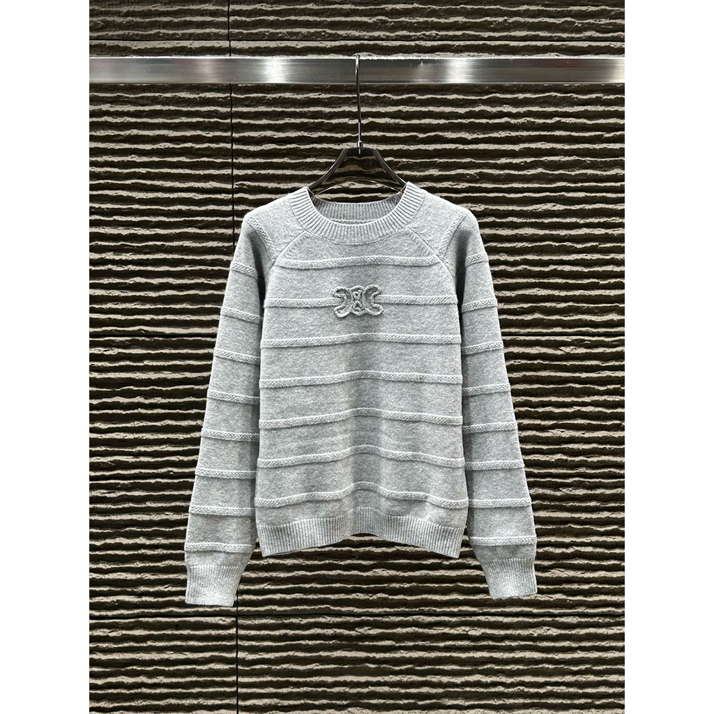 MR30 CE* Striped Jacquard Sweater for Women Trendy Lazy Loose Soft Pullover Knitwear