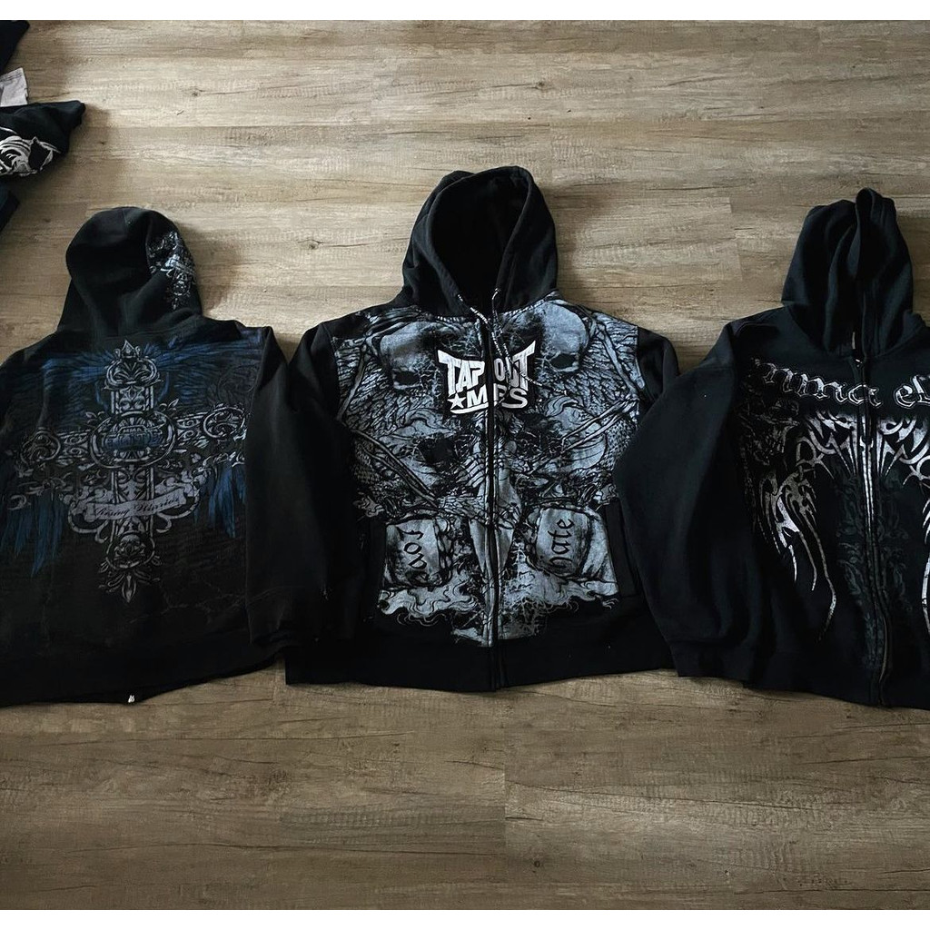 Thập niên 90 Tapout Zip Up Áo Khoác Đầu Lâu Cross Wings In Đồ Họa Dạo Phố Tối Có Mũ Trùm Đầu Áo Unis