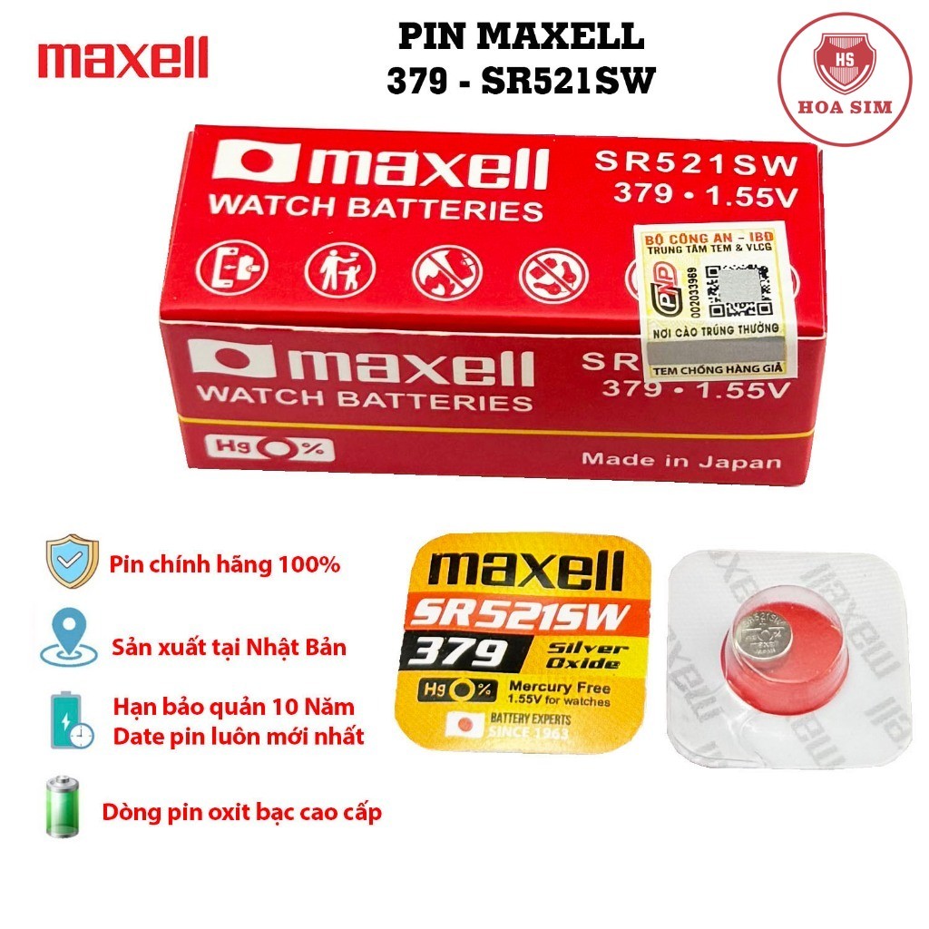 (Vỉ 1 viên cao cấp) Pin Maxell 379 SR521SW dành cho đồng hồ dùng pin 379 / SR521SW / LR521W / AG0