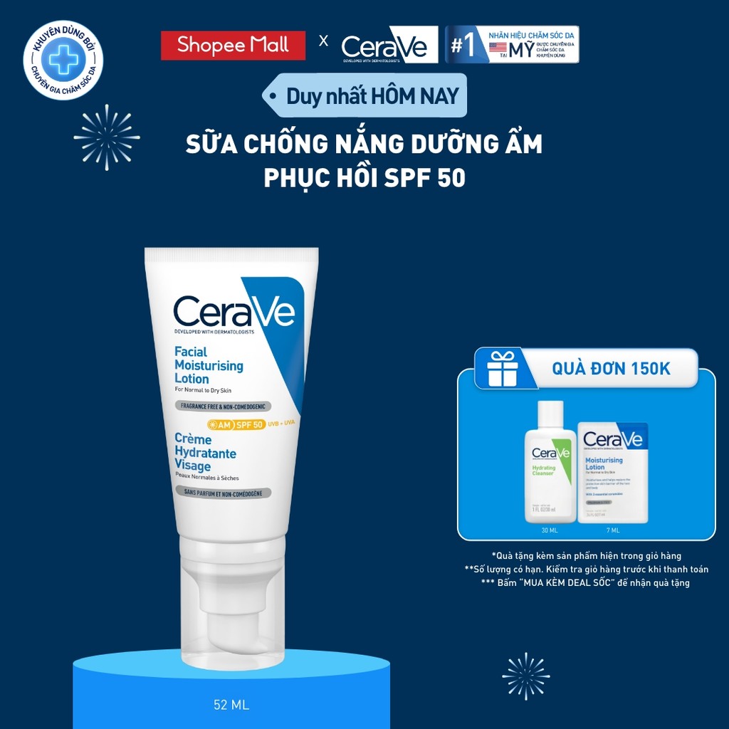 Sữa chống nắng dưỡng ẩm phục hồi SPF50 CeraVe AM Facial Moisturising Lotion SPF50 52ml
