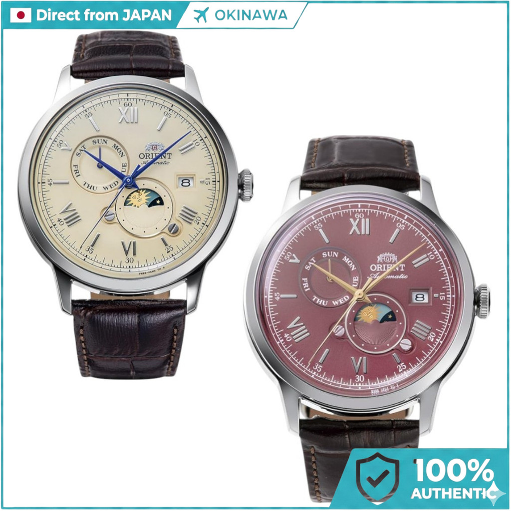 Orient Bambino Sun & Moon Automatic Watch RN-AK0803Y Men's Mechanical Leather Strap Rose Gold Classi