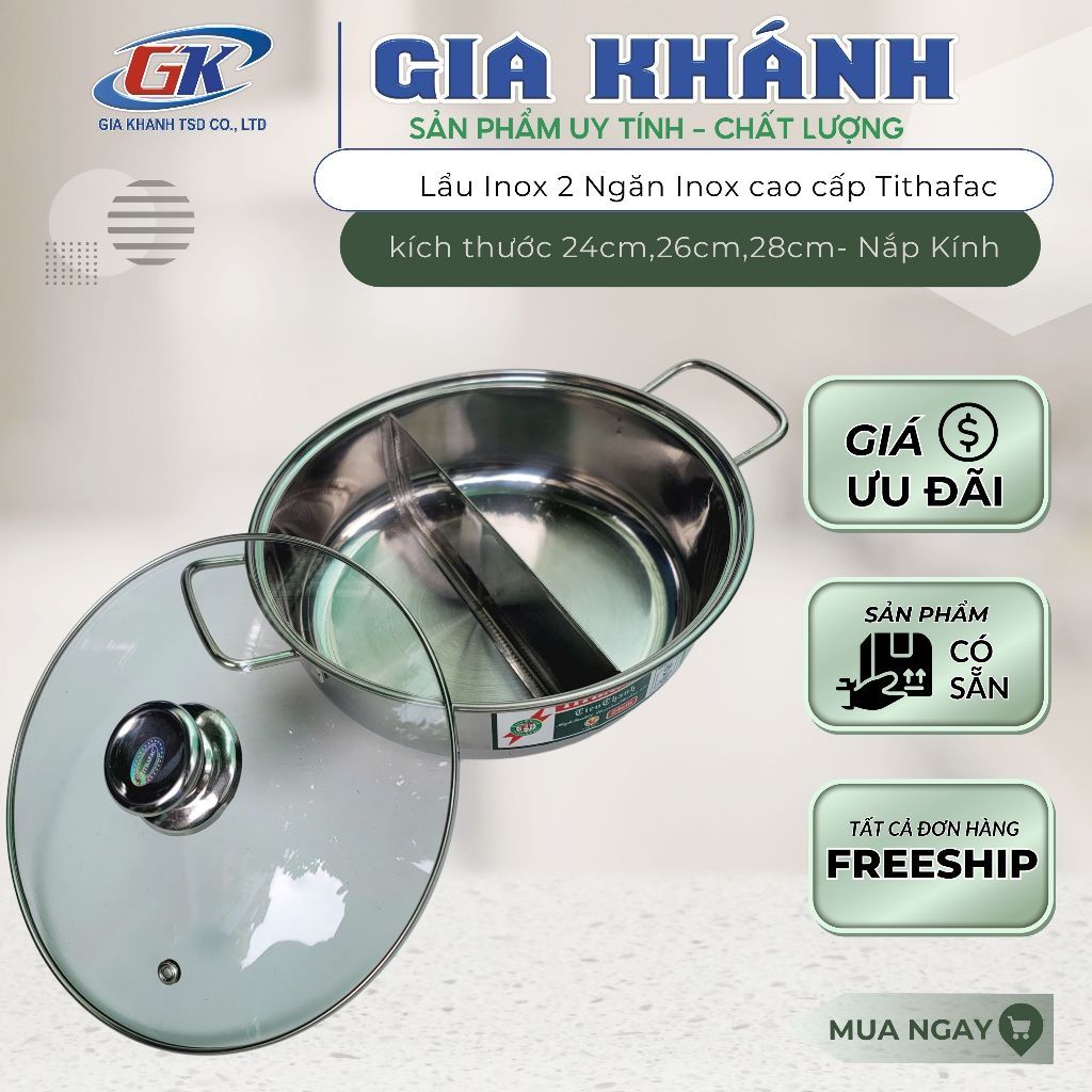nồi lẩu, nồi lẩu 2 ngăn, Nồi lẩu nắp kính inox 2 ngăn TITHAFAC- 2 ngăn tiện dụng