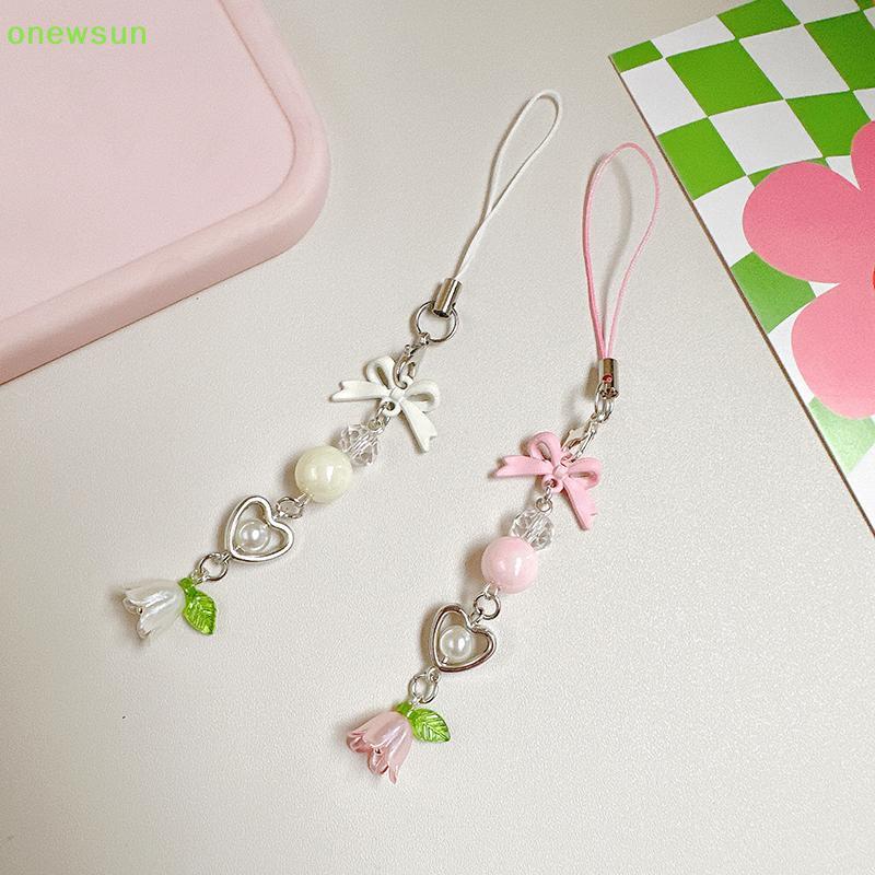 Onewsun Nơ Lily Of The Valley Đính Hạt Dây Xích Điện Thoại Y2K Tươi Ngọt Móc Khóa Fower Mặt Dây Chuy