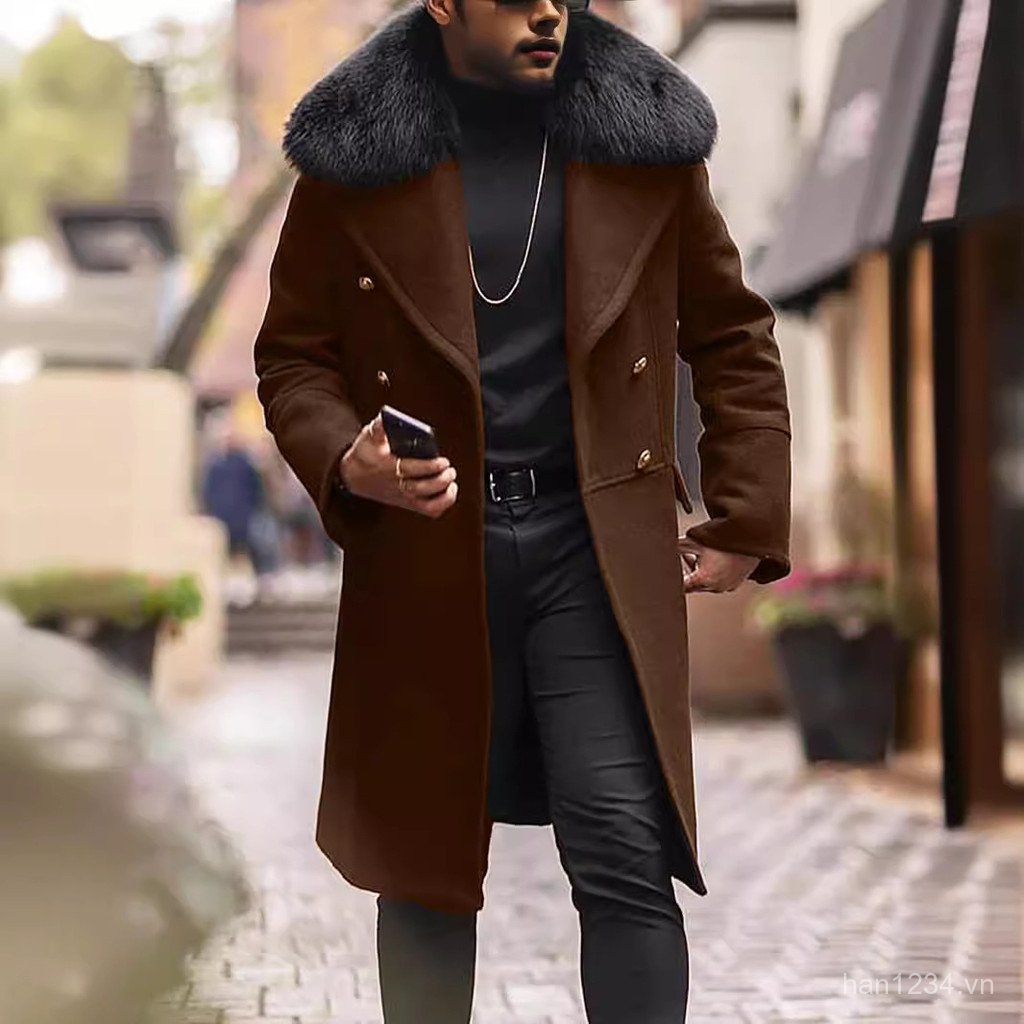 Plus Size Upgraded Men's Casual Large Fur Collar Woolen Coat Solid Color Double-Breasted Men's Overc