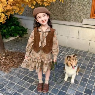  Đầm bé gái hoa vintage kèm áo ghi lê – Set váy dài tay phong cách retro dễ thương 