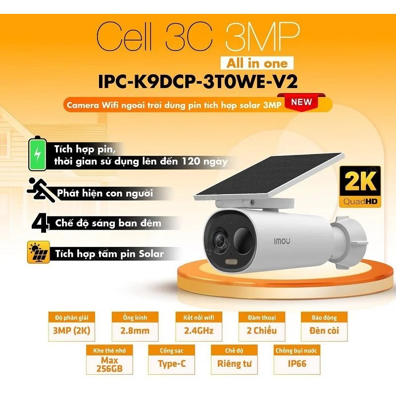 Camera IP Wifi Dùng Pin Năng Lượng Mặt Trời Imou IPC-K9DCP-3T0WE-V2 ( Cell 3C All-in-one ) 2K