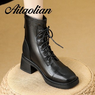 (Size 34-40) Da Thật Chính Hãng Giày Bốt Nữ Giày Bốt Martin Giày Bốt Nữ Ren Ngắn Đế Bằng Vuông Giữa Ống Cao Cấp Thời Trang