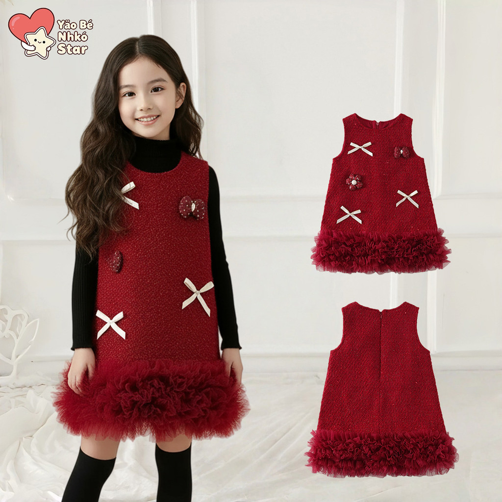 Váy Bé Gái Không Tay Đỏ Đính Nơ Hoa - Chân Váy Lưới Kiểu Công Chúa Dễ Thương Xinh Xắn