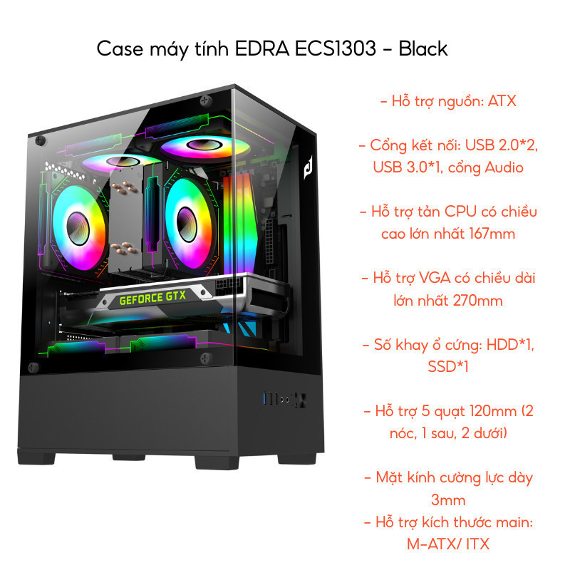 Vỏ CASE máy tính EDRA ECS1303 bể cá (Không Fan) - Hàng chính hãng